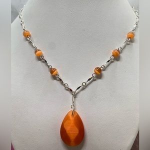 Necklace Orange Dangle Bead Silver Tone Links NR Lobster Choker